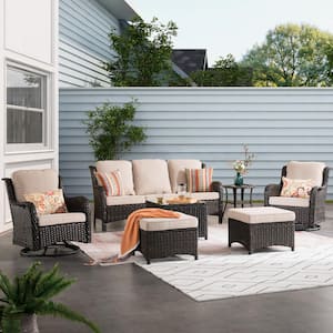Moonlight Brown 7-Piece Wicker Patio Conversation Seating Sofa Set with Beige Cushions and Swivel Rocking Chairs