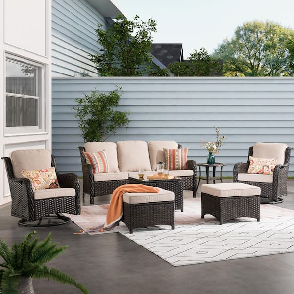 XIZZI Moonlight Brown 7-Piece Wicker Patio Conversation Seating Sofa Set with Beige Cushions and Swivel Rocking Chairs