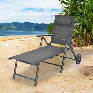 Metal Gray Adjustable Outdoor Chaise Lounge with Wheels and Neck Pillow