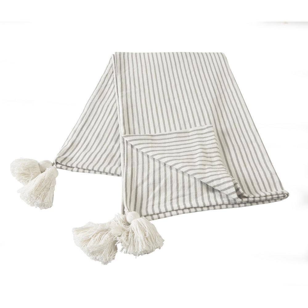 Gray and White Cotton Striped Throw Blanket with Tassels