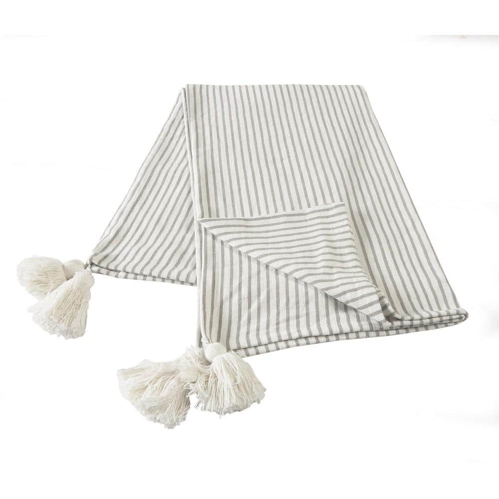 Gray and White Cotton Striped Throw Blanket with Tassels