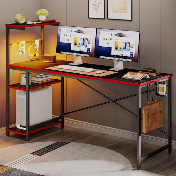 61 in. Rectangular Black Carbon Fiber Computer Desk w/ 4-Tier Storage Shelves and Hook, Home Office Desk with LED Light