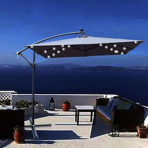 8.2 ft. Square Steel Cantilever Solar Patio Umbrella in Anthracite Offset Umbrella with 32 LED Lights and Cross Base