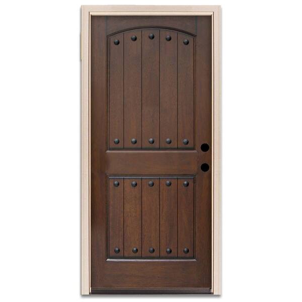 Steves & Sons Rustic 2-Panel Plank Prefinished Mahogany Wood Prehung Front Door-DISCONTINUED