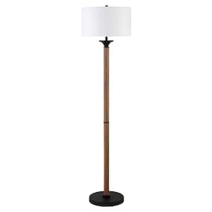 66 in. Brown and White 1 1-Way (On/Off) Standard Floor Lamp for Living Room with Cotton Drum Shade