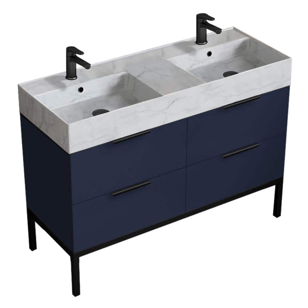 Derin 47.64 in. W x 18.11 in. D x 34.65 in. H Double Freestanding Bath Vanity in Navy Blue w/ Ceramic Marble Design Top price history on PriceWatchPro