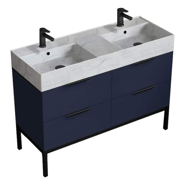 Derin 47.64 in. W x 18.11 in. D x 34.65 in. H Double Freestanding Bath Vanity in Navy Blue w/ Ceramic Marble Design Top