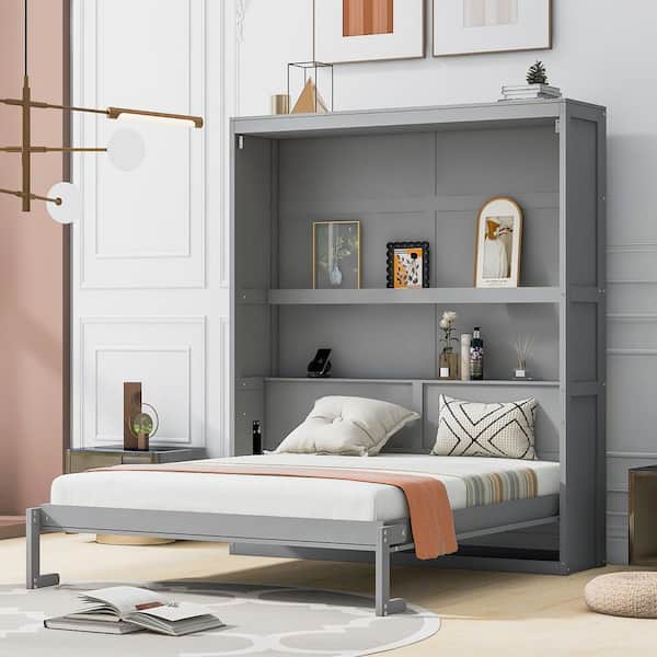 Gray Wood Frame Queen Size Murphy Bed with Shelves