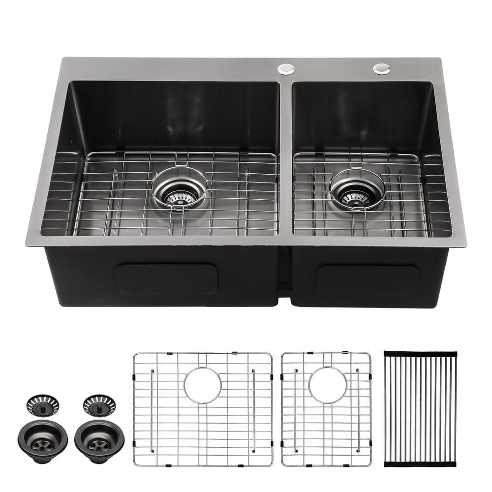 Logmey 33 in. Drop in. Kitchen Sink Double Bowl 16-Gauge Black ...