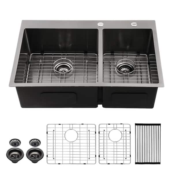33 in. Drop in. Kitchen Sink Double Bowl 16-Gauge Black Stainless Steel Kitchen Sink