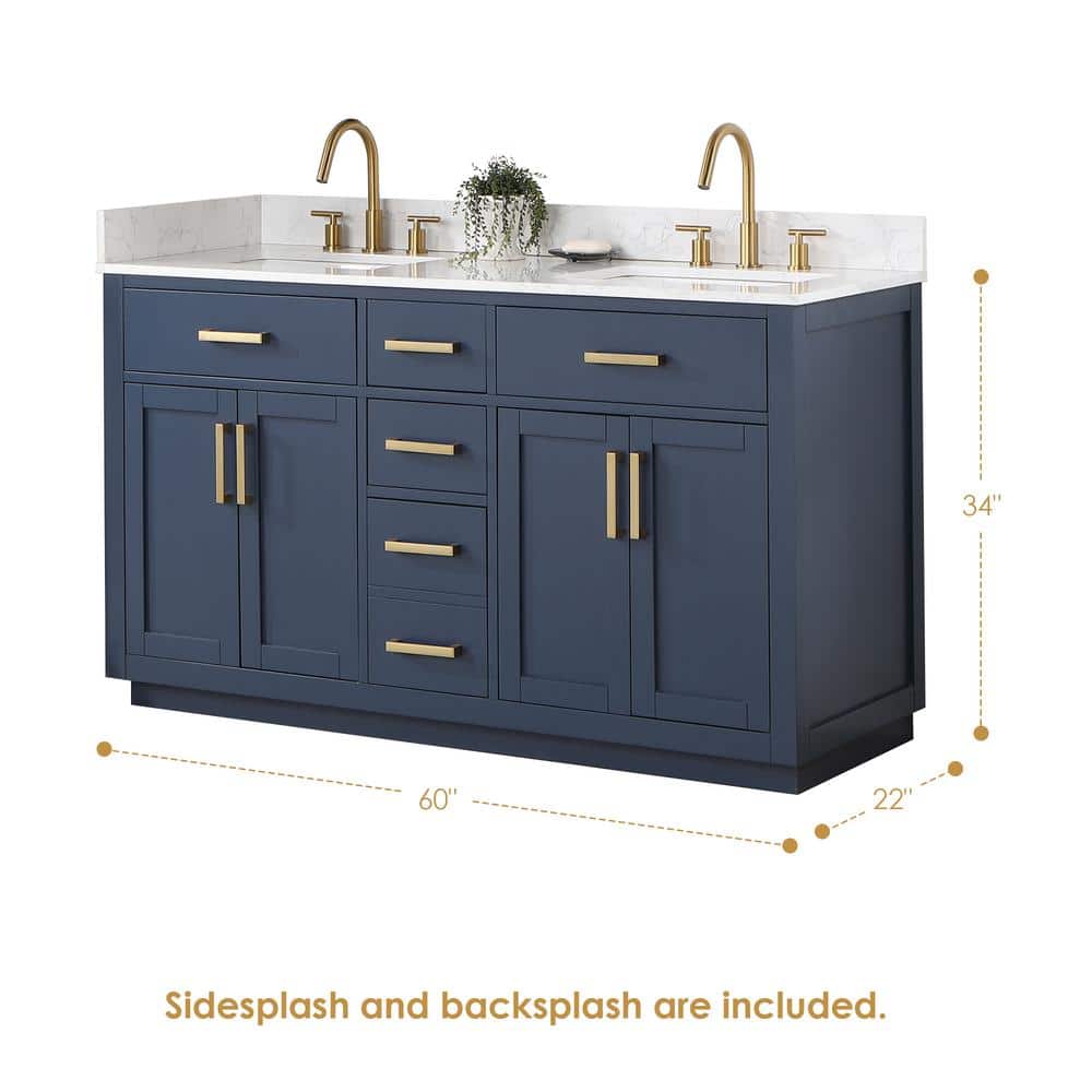 Gavino 60" Royal Blue Wood Vanity with Composite Stone Top and Mirror