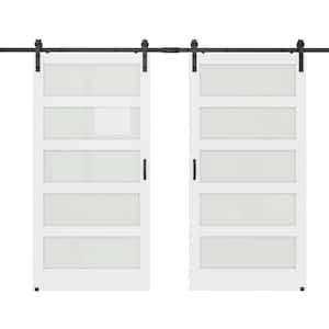 84 in. x 84 in. 5-Equal Lites with Frosted Glass White MDF Interior Sliding Barn Door with Hardware Kit