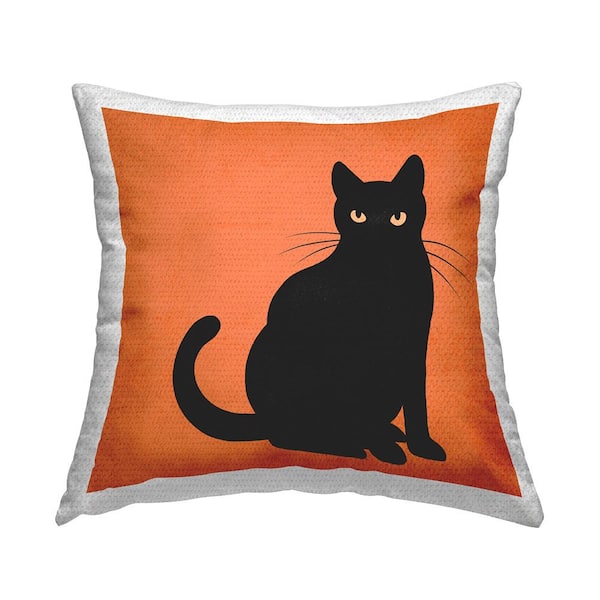 Black Orange Cat Silhouette Orange Square Outdoor Throw Pillow