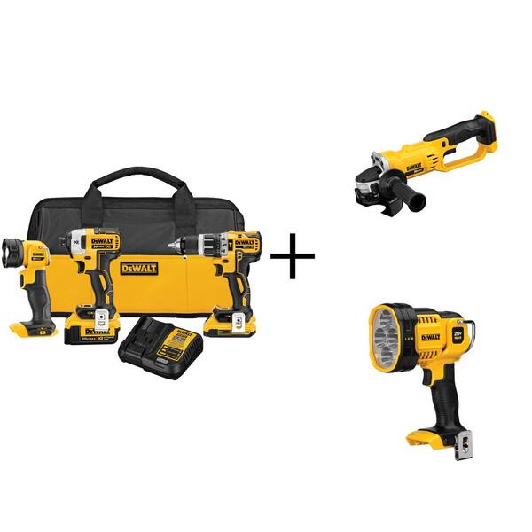 DEWALT 20-Volt MAX XR Lithium-Ion Brushless Compact Cordless Combo Kit (3-Tool) with Bonus Bare Grinder and Spotlight