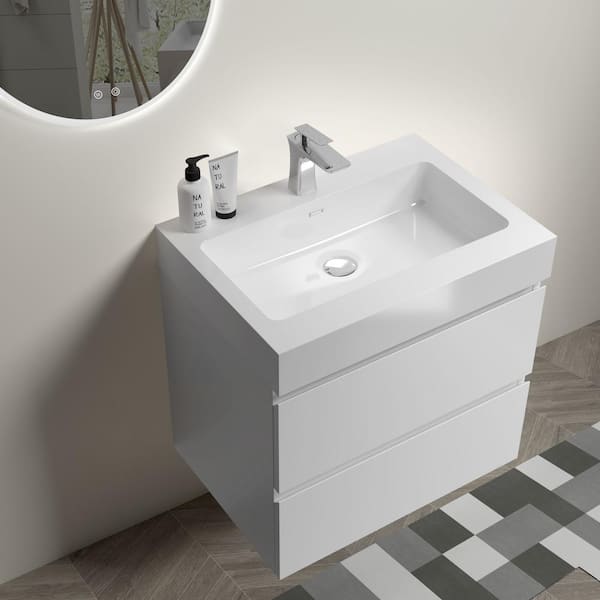 24 in. W x 18.1 in. D x 25.2 in. H Single Sink Floating Bath Vanity in White Bathroom Carbinet with Solid Surface Top