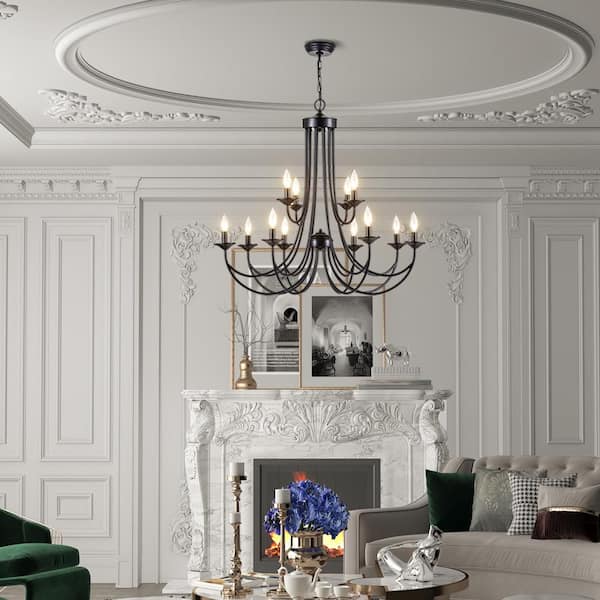 12-Light 32 in. Black Iron Traditional Candle Dimmable Chandeliers Dining Kitchen Ceiling Lights Foyer Bedroom Lighting