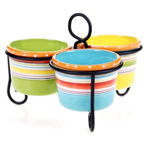 Certified International Mariachi Multi-Colored 7.75 in. x 7.5 in. 3-Bowl Server with Metal Stand
