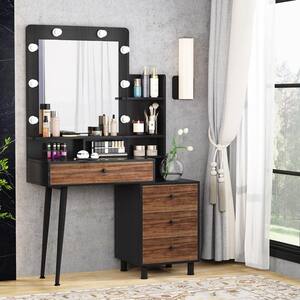 Shipping from USA Ikevan_ Storage Drawer Vanity Set with 3w HD Lighted Mirror Cushioned Stool Dressing Table Makeup Table for Home Tabletop Bathroom