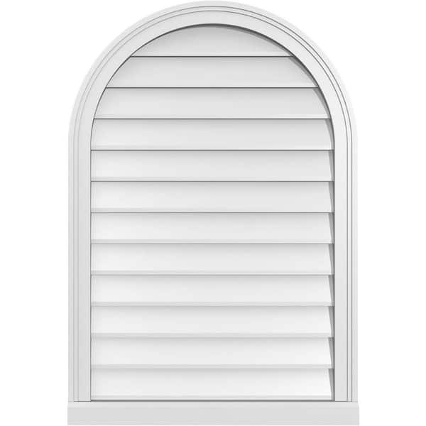 Ekena Millwork 26 in. x 38 in. Round Top Surface Mount PVC Gable Vent: Decorative with Brickmould Sill Frame