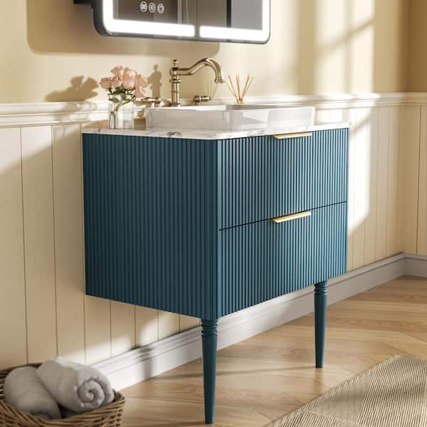 30 in. W Bath Vanity in Aqua Blue with White Cultured Marble Top and Vessel Sink, Solid Wood Legs (Assembled)