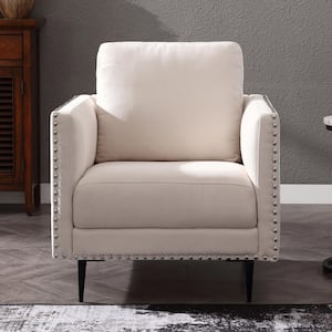 Classic Beige Velvet Armchair with Nail Head Trim Leisure Upholstery Accent Chair