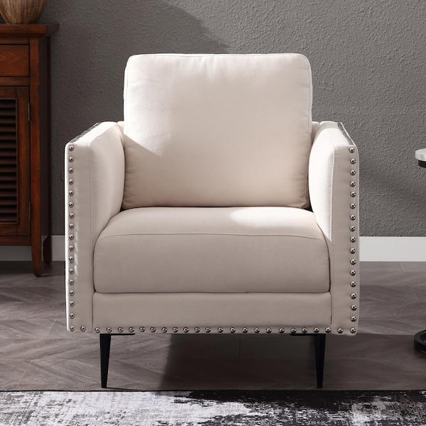 Morden Fort Classic Beige Velvet Armchair with Nail Head Trim Leisure Upholstery Accent Chair