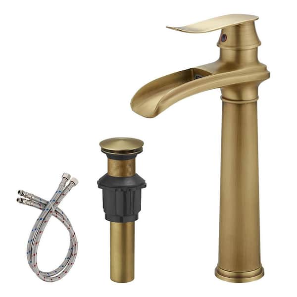 Single Handle Waterfall Vessel Sink Faucet with Drain Kit Included in Antique Brass
