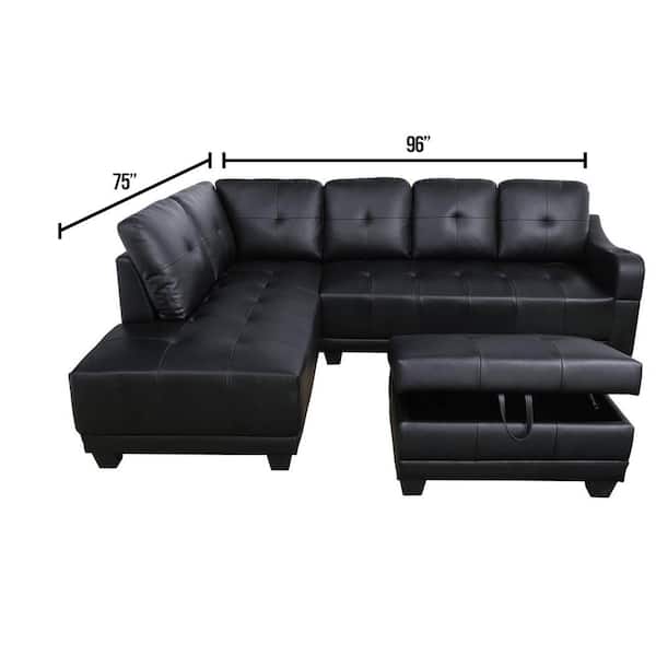 Star Home Living Mike 3 Piece Black, Leather L Shaped Sectional Sofa
