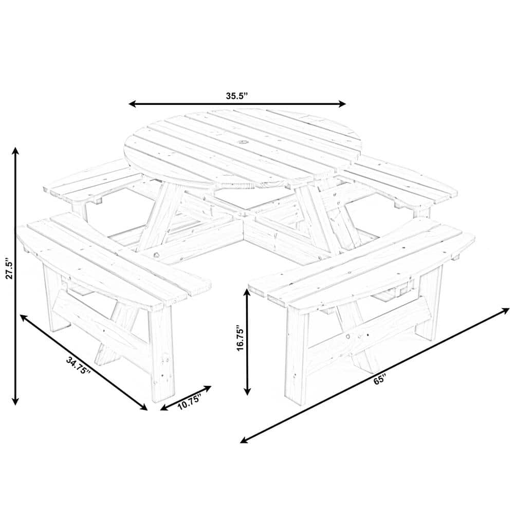 Natural Solid Wood Round Outdoor Picnic Table with Umbrella Hole, Seats 8