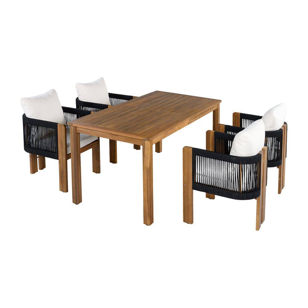 5-Piece Acacia Wood Outdoor Dining Set with White Cushion and Rope Woven Chairs, Farmhouse Dining Furniture Set price history on PriceWatchPro