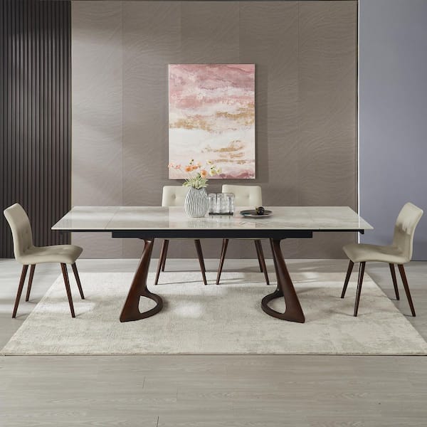 Audrey Modern Brown+Ivory Sintered Stone Top 62.99 in. W Double Pedestal Base Expandable Dining Table Seats 8