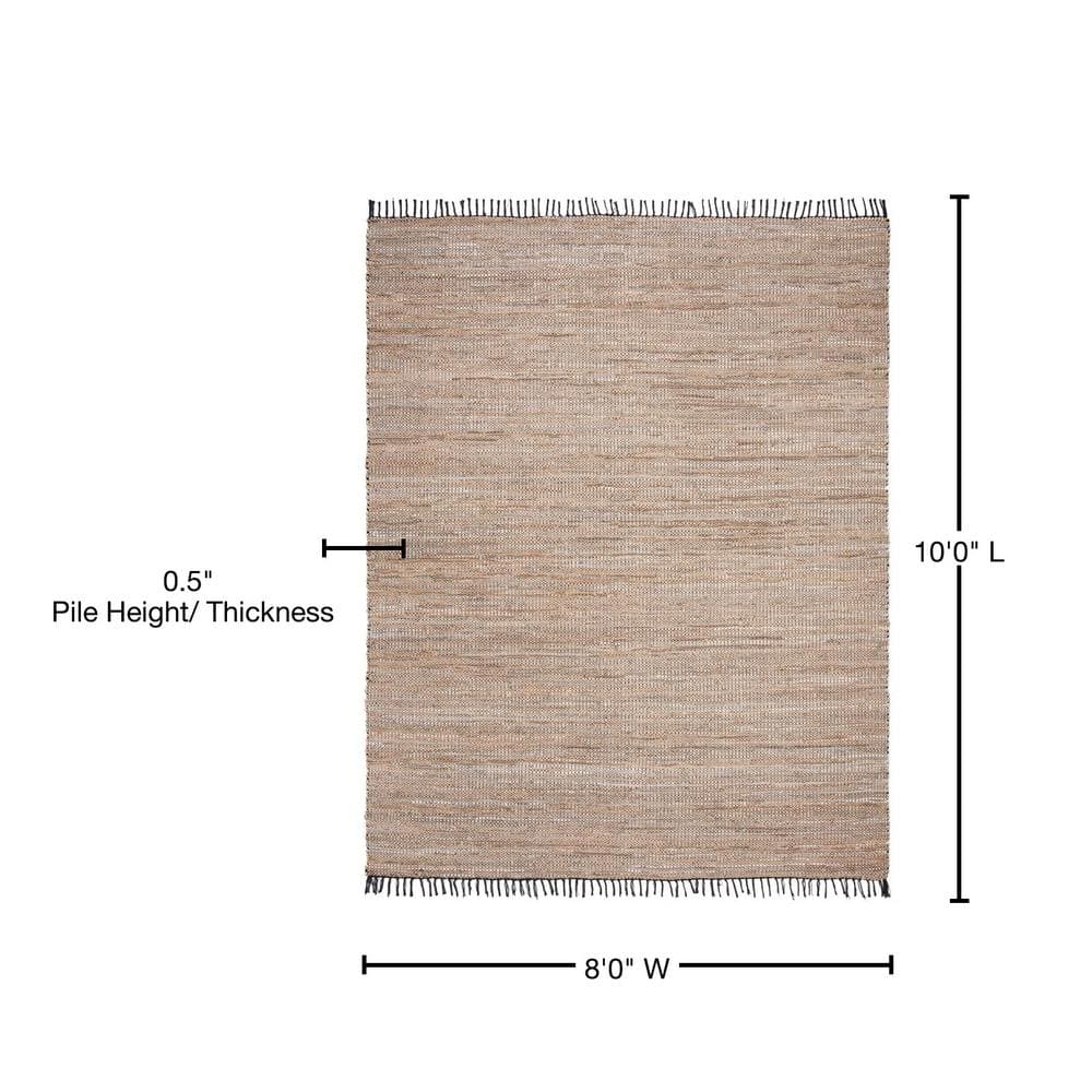 Beige Handwoven Cowhide Leather 8' x 10' Area Rug