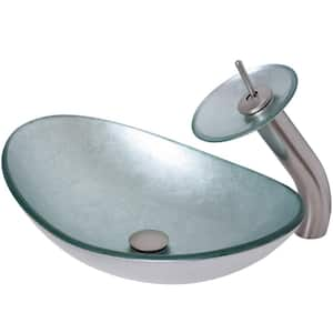 Argento Oval Silver Hand Foiled Glass Slipper Vessel Sink with Faucet and Drain in Brushed Nickel