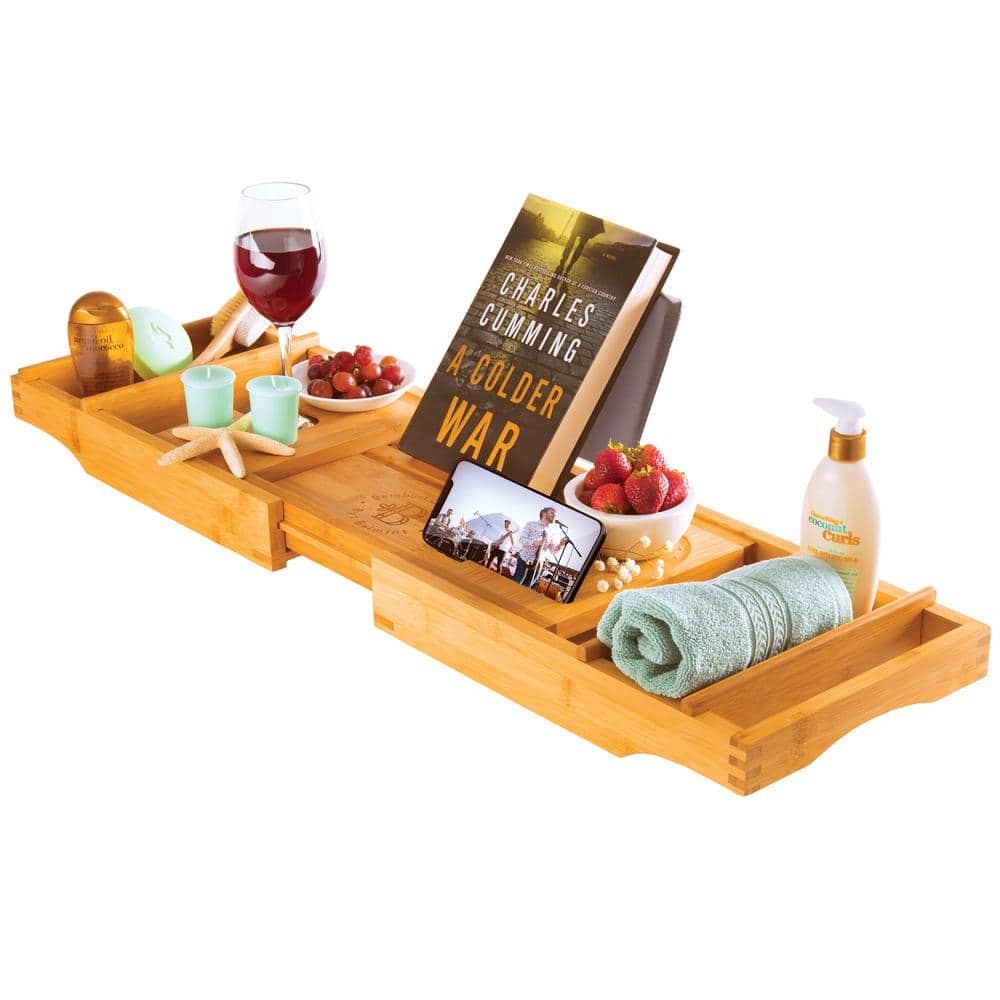 sourcing map Bamboo Bathtub Tray Bathroom Caddy Organizer Organizer with Phone/Book/Glass/Holders for Bathroom Non Slip Expandable Bath Serving Table Tray 