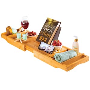 Bathtub Caddy Tray with Book and Wine Holder for a Spa Relaxing Bath with Extendable Arms