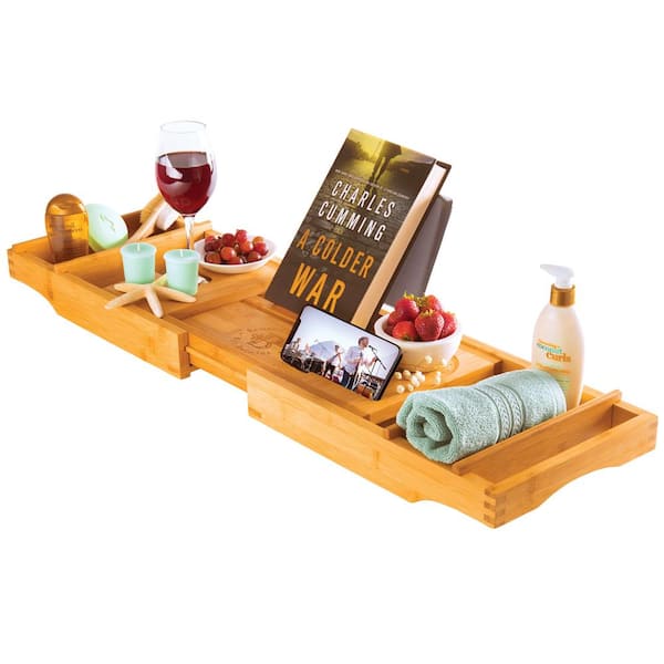 Homfa Bamboo Bathtub Tray, 29.3-43.5 Expandable Bath Table Over Tub with  Wine and Book Holder, Phone & Cup Slot, Two Removable Trays and Free Soap  Dish Luxury Bamboo Organizer Tray for Bathroom 