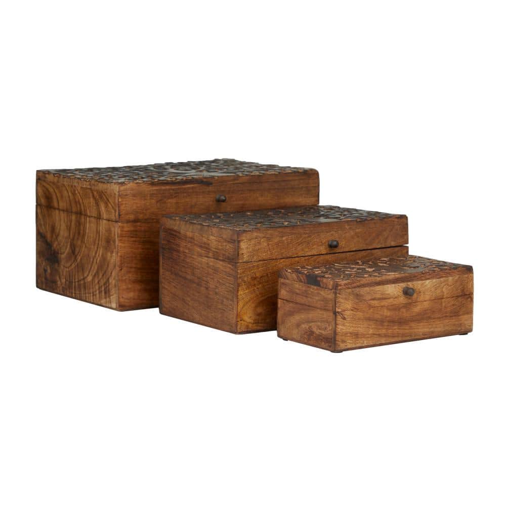 Rustic Hand-Carved Mango Wood Lidded Boxes Set of 3