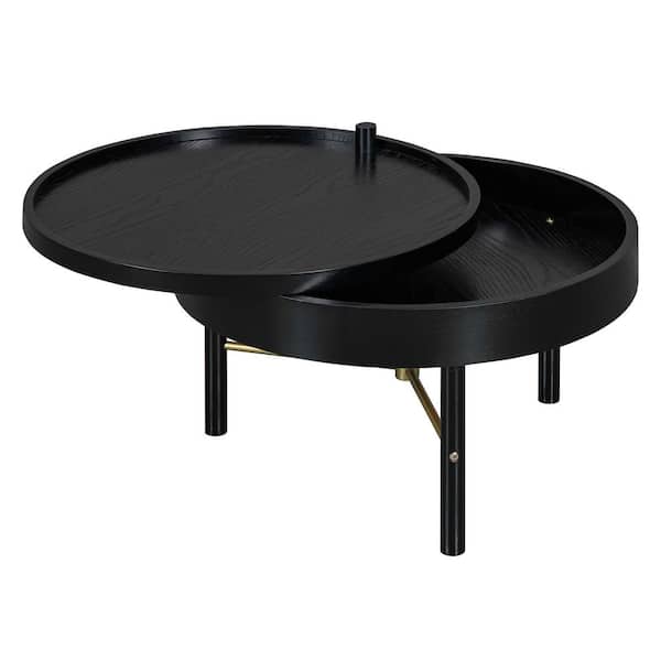 Angel Sar Black Round Wood Rotating Tray Coffee Table with Storage and Metal Legs