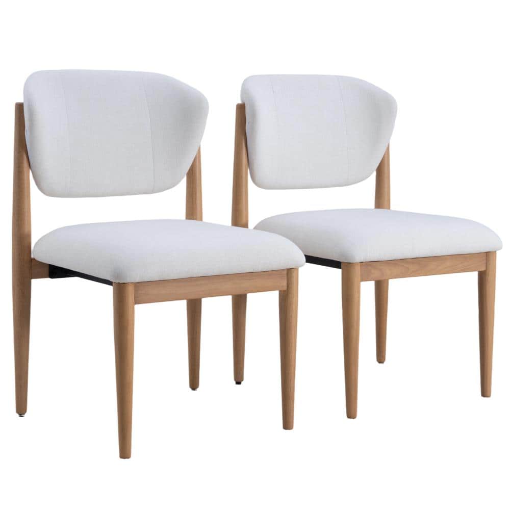White Upholstery Natural Wood Finish Solid Wood Leg Armless Dining Side Chair Set of 2