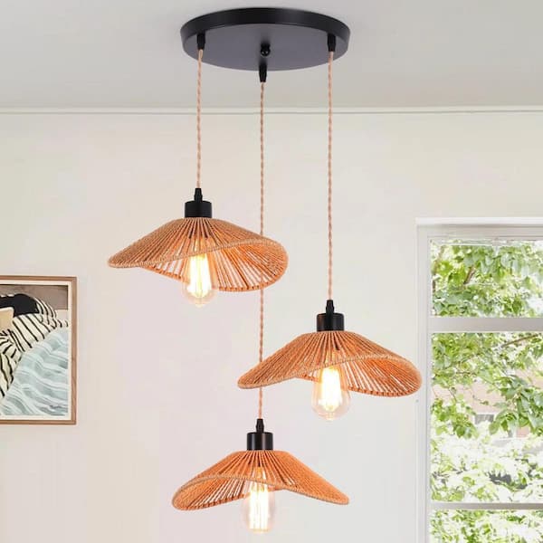 3-Light Rattan Farmhouse Black Cluster Chandelier for Kitchen Island Living Room Bedroom with No Bulbs Included