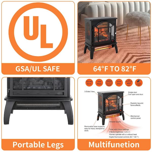 18 in. Freestanding Infrared Quartz Electric Fireplace Stove 3D Flame with Remote Control in Antique Black