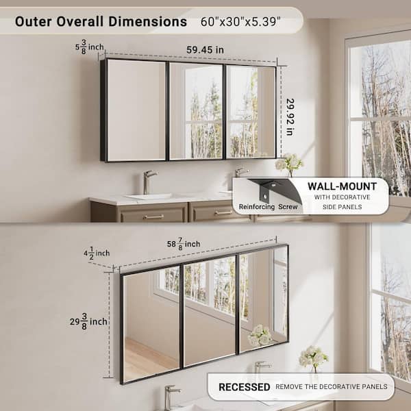 Musey 60 in W x 30 in H Black Rectangular Aluminum Medicine Cabinet with Beveled Mirror and Shelves, Recessed or Surface