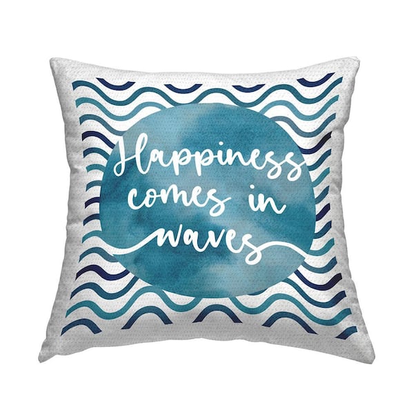 Stupell Industries Happiness Comes Nautical Quote Wavy Stripes Blue Square Outdoor Throw Pillow