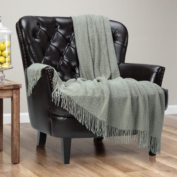 CHANASYA Textured Knit Sage Acrylic Throw Blanket with Tassels, 50 x 65 in.