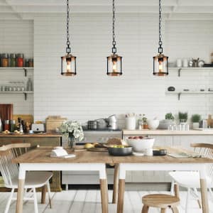Modern Farmhouse Brown Chandelier 1-Light 6 in. Black Drum Mini Island Pendant Light with Seeded Glass Shades