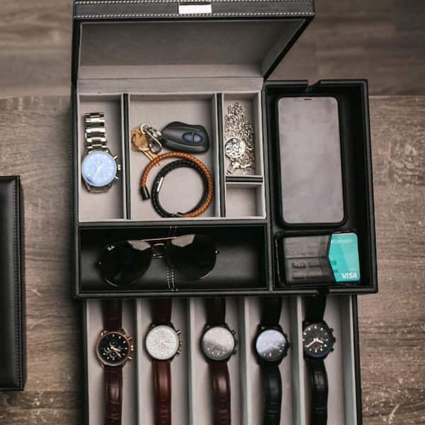 Men's Leather Watch Box Valet Tray, Bedside Organizer with