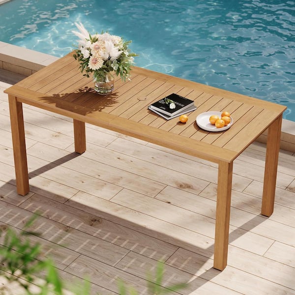 67 in. Teak Plastic Outdoor Patio Dining Table for 4-6 Persons with Umbrella Hole