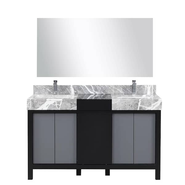Zilara 55 in x 22 in D Black and Grey Double Bath Vanity, Castle Grey Marble Top, Chrome Faucet Set and 53 in Mirror