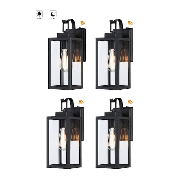 Hukoro Foothill 14 in. 1-Light Matte Black Outdoor Wall Lantern Sconce with Clear Glass with Dusk to Dawn (4-Pack)
