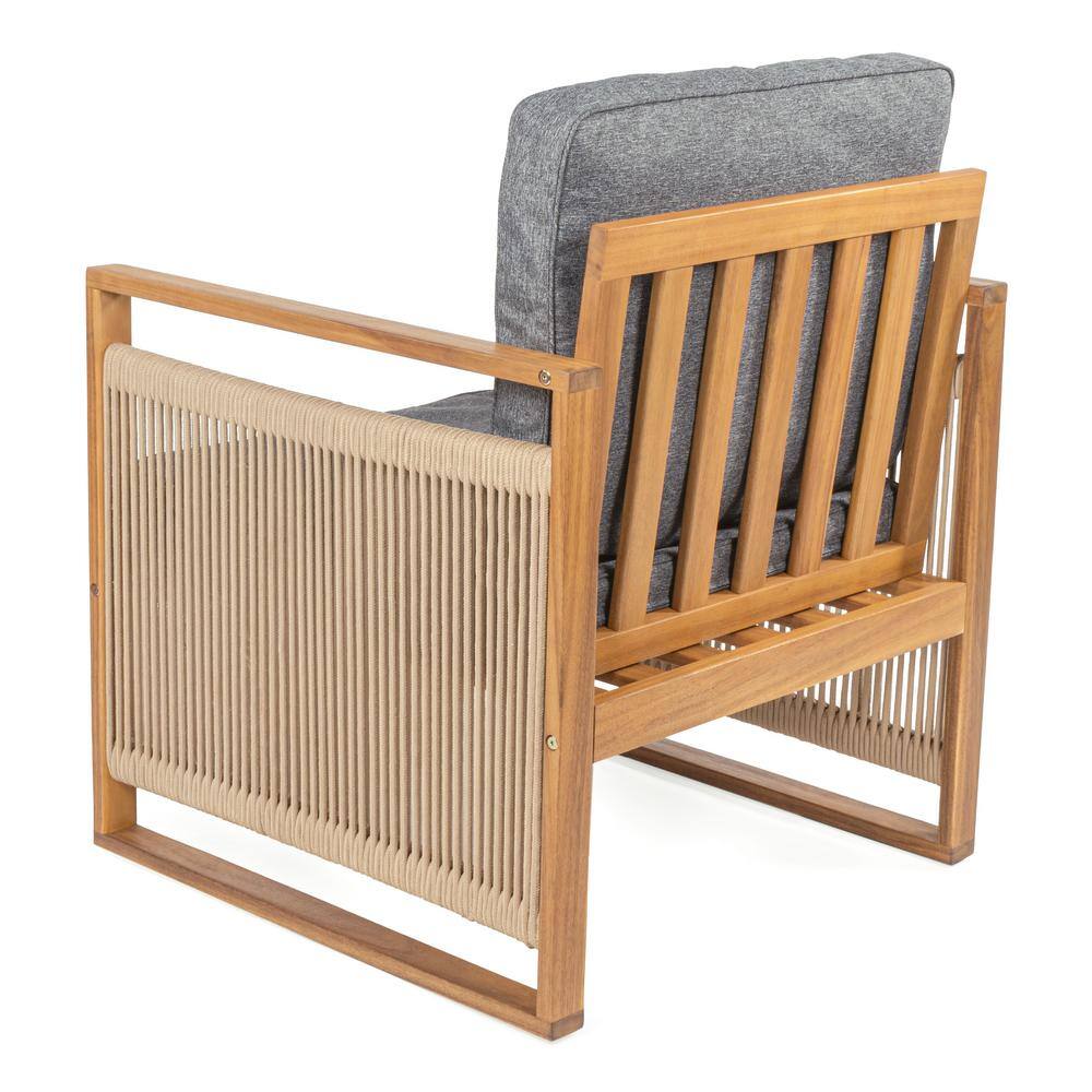 Teak Brown Mid-Century Modern Roped Wood Patio Chairs with Cushions